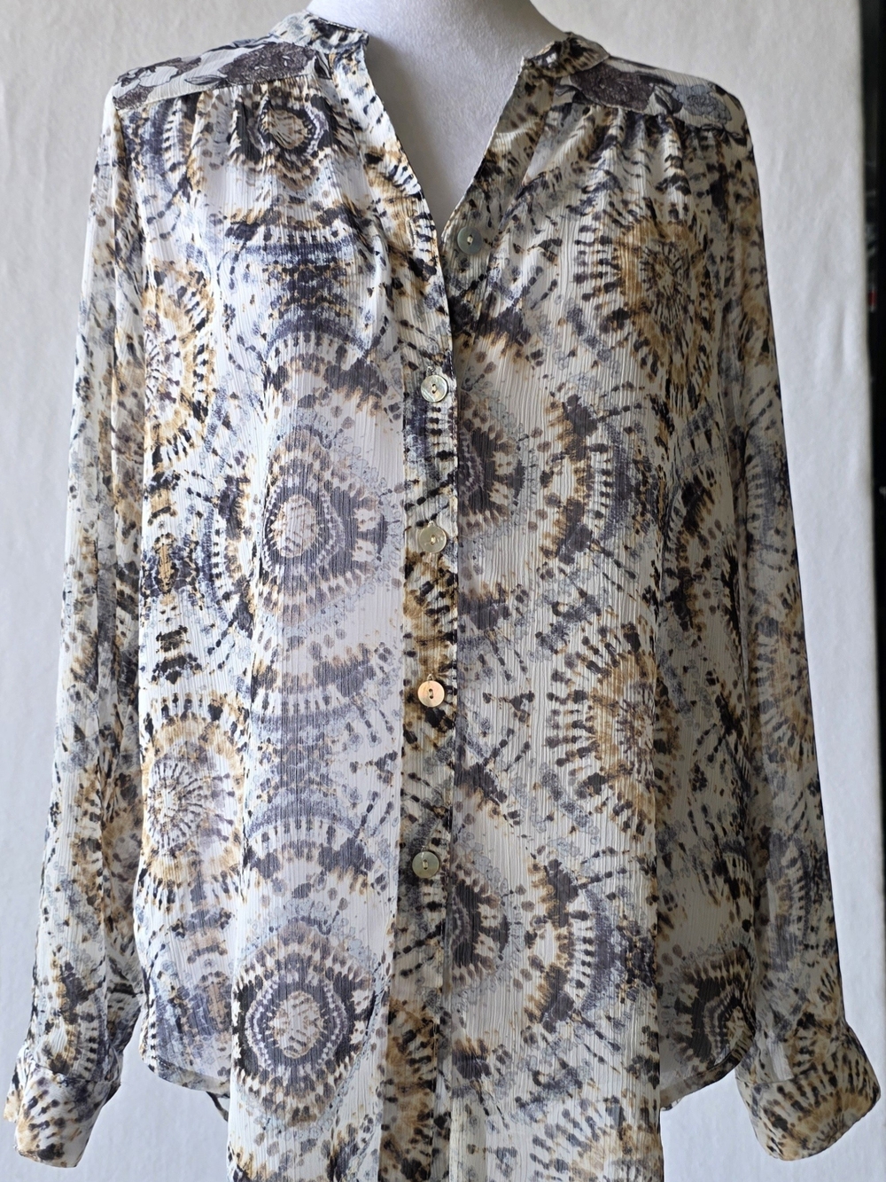 Figueroa & Flower PM Boho Mixed Print Button Down Blouse Roll Tab Sleeves